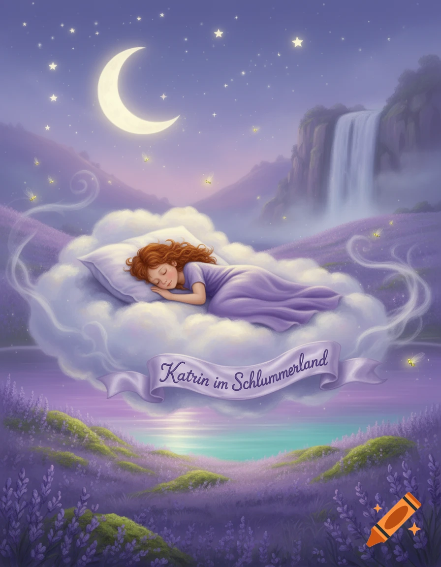 Cartoon girl with red hair sleeps on a cloud over a magical lavender landscape at night with a crescent moon.