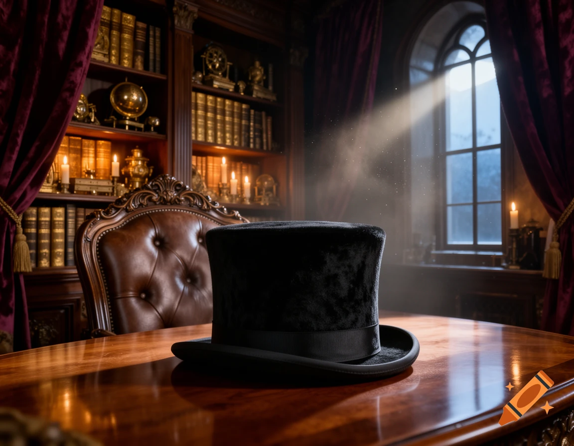 A black velvet top hat on a polished wooden desk in a grand, sunlit Victorian study with bookshelves.