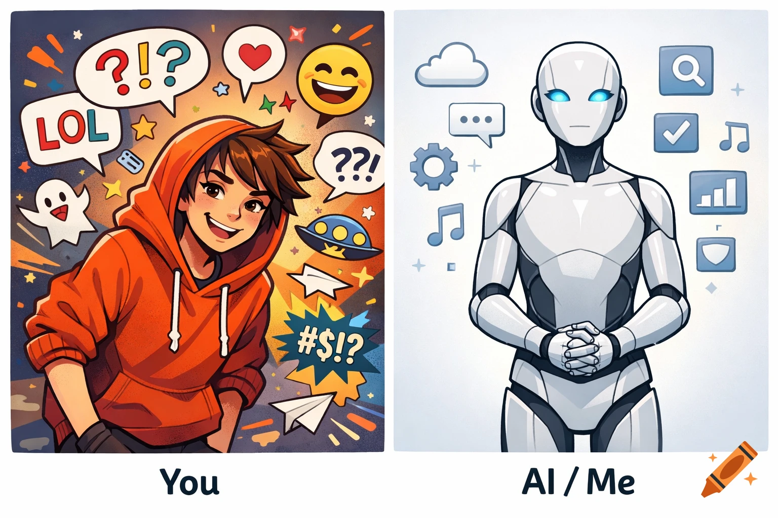Digital illustration comparing 'You' (a young person with energetic emojis and text bubbles) and 'AI / Me' (a calm robot with tech icons).