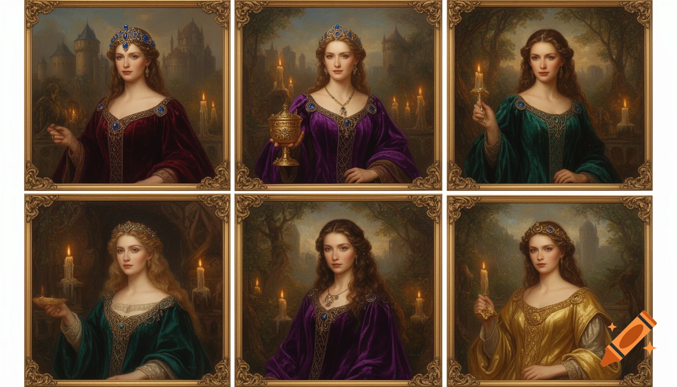 Six oil painting portraits of women in medieval fantasy gowns, holding candles or ornate objects in castle and forest settings.
