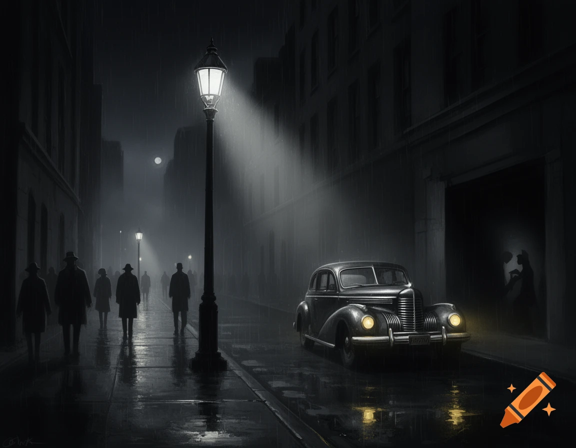 A dark, rainy film noir street scene at night with silhouetted figures, a glowing street lamp, and a vintage car.