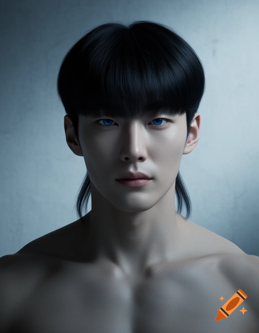 Photorealistic portrait of a shirtless man with black hair, blue eyes, and a sharp jawline.