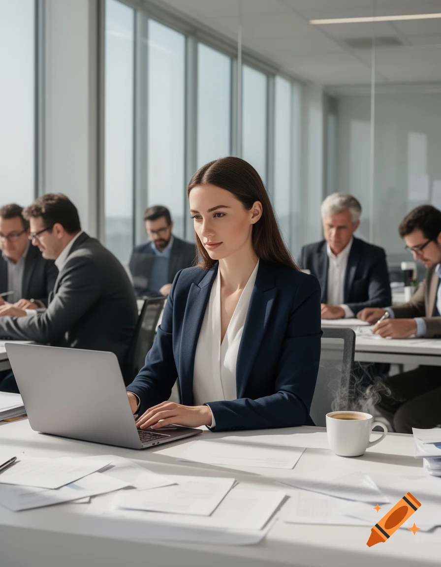 A young professional woman works on a laptop at a desk filled with papers, surrounded by male colleagues in a modern, sunlit office. Photorealistic.