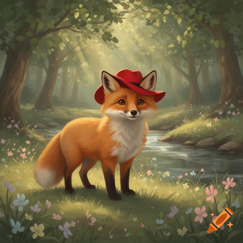 A cute fox with a red hat stands in a sunlit forest beside a stream, surrounded by colorful wildflowers.