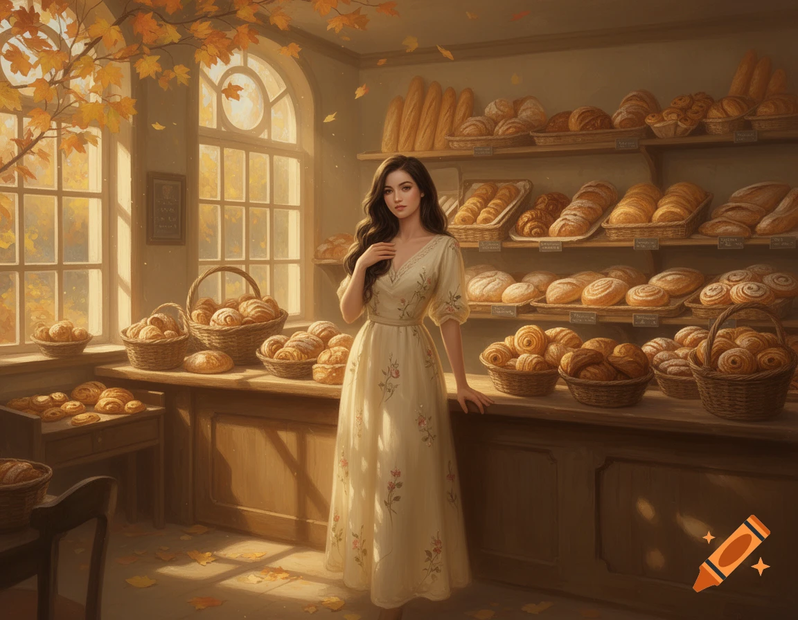 A woman in a cream dress stands in an autumn-themed bakery filled with baskets of bread and pastries.