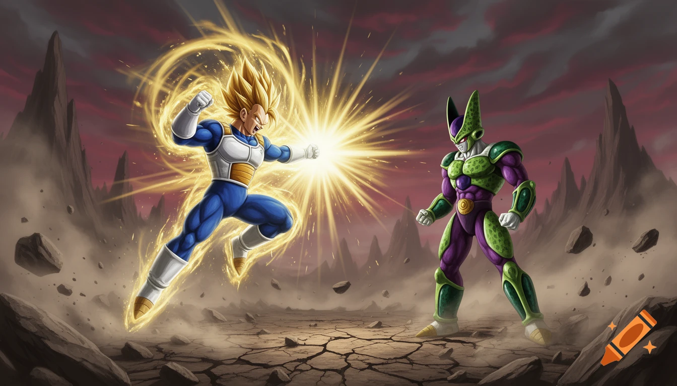 Super Saiyan Vegeta charges a golden energy blast at Cell in a desolate, rocky landscape under a red sky, anime style.