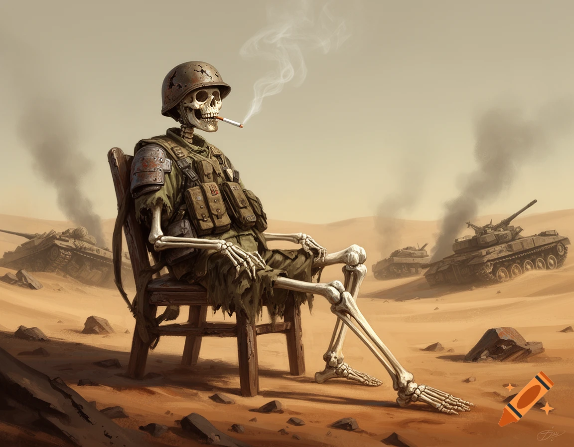 A skeletal soldier in combat gear sits in a chair in a war-torn desert, smoking a cigarette, with smoking tanks in the background.