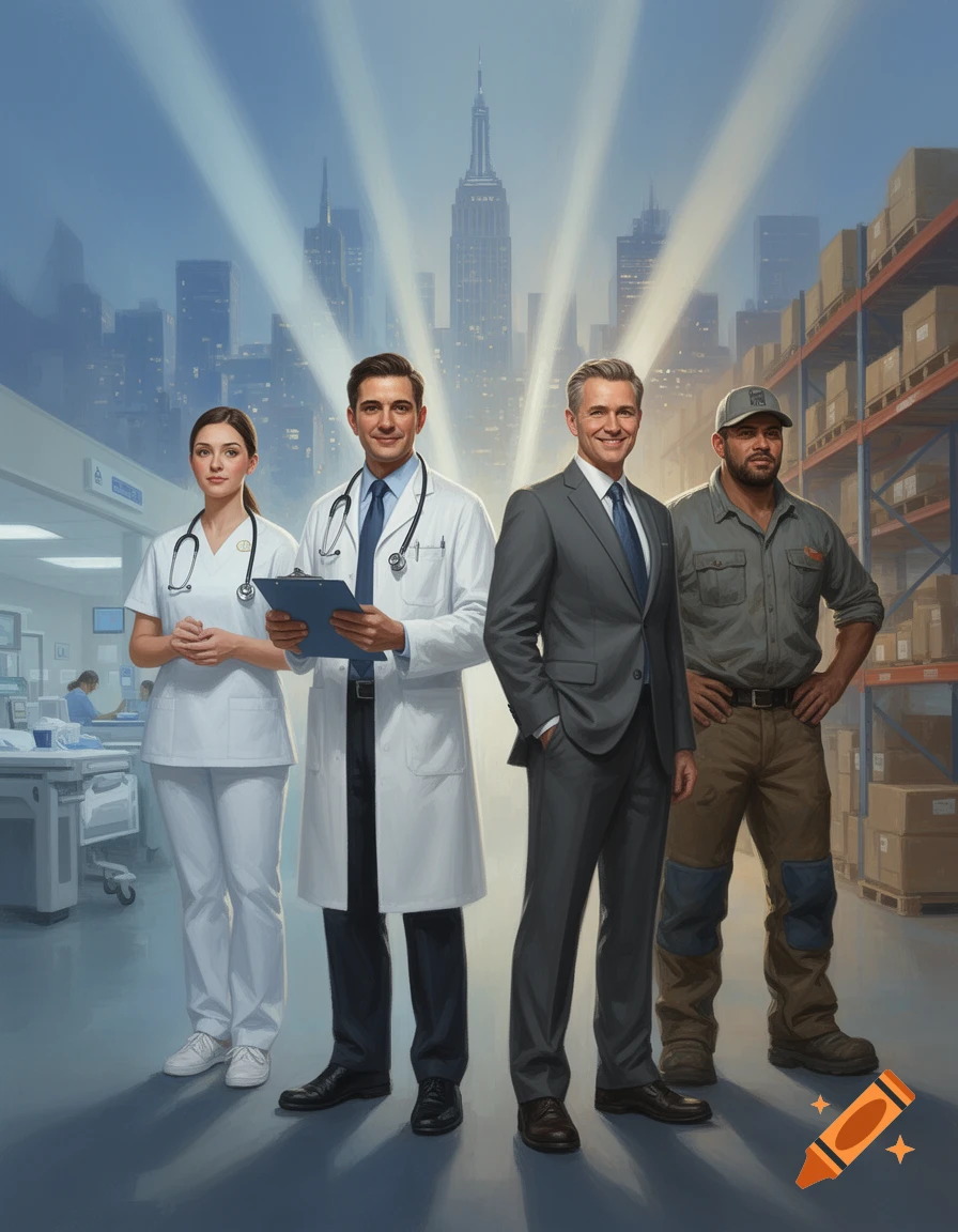 A nurse, doctor, businessman, and warehouse worker stand in front of a city skyline, hospital room, and warehouse shelves in a photorealistic style.