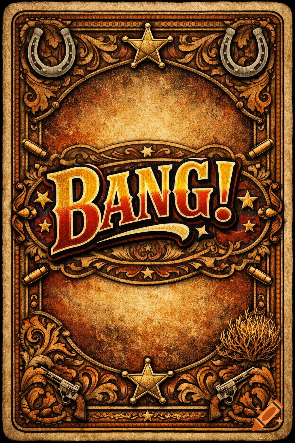 Western playing card back with a rustic border, the word 'BANG!' in the center, and decorations including revolvers, bullets, horseshoes, and stars.