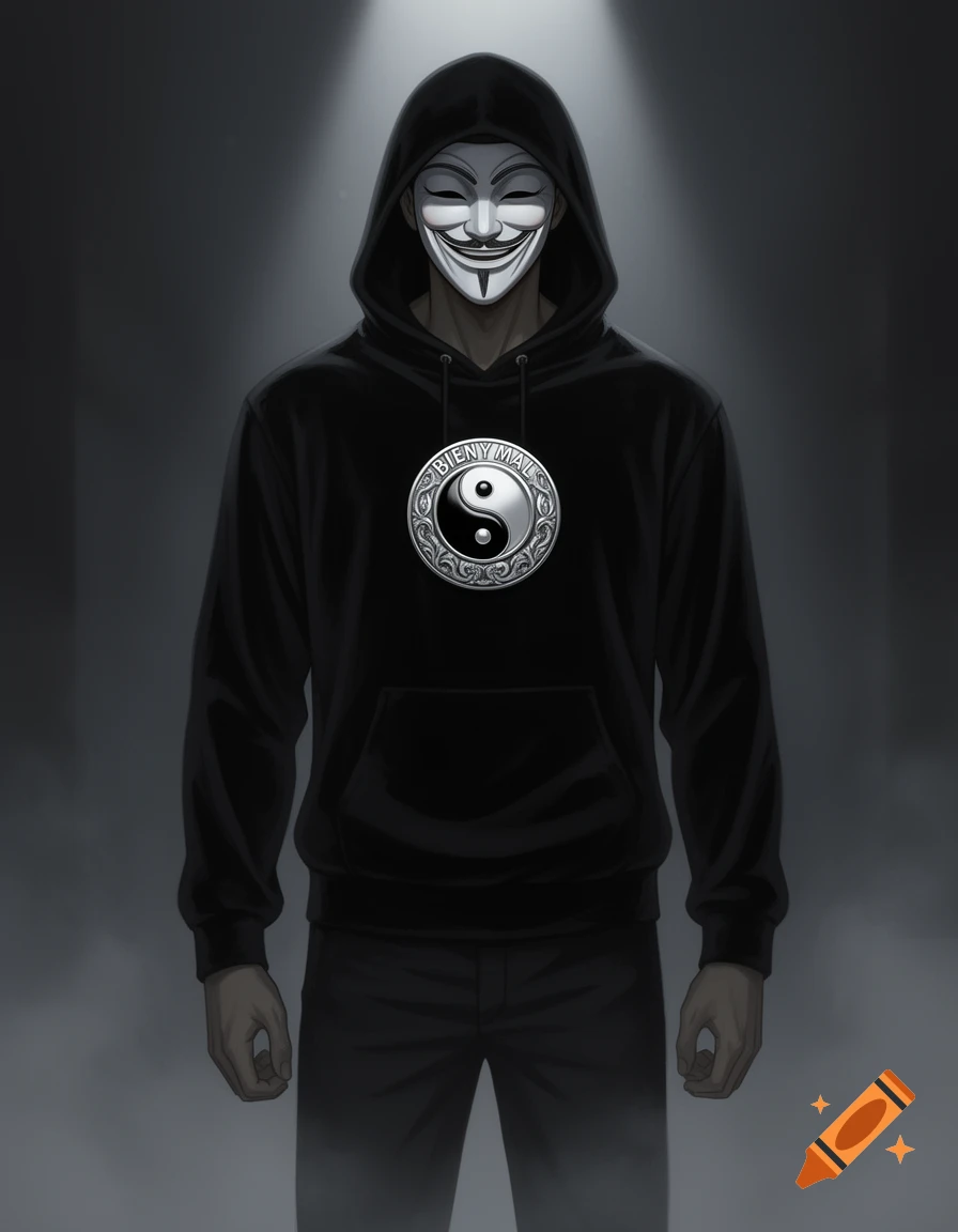 Figure in black hoodie and Guy Fawkes mask, silver yin-yang pendant, in suspenseful anime style.