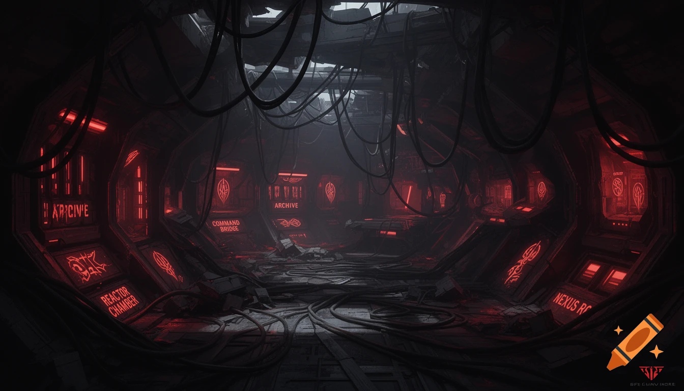 A dark, oppressive interior of a crashed Sith spaceship with red ...