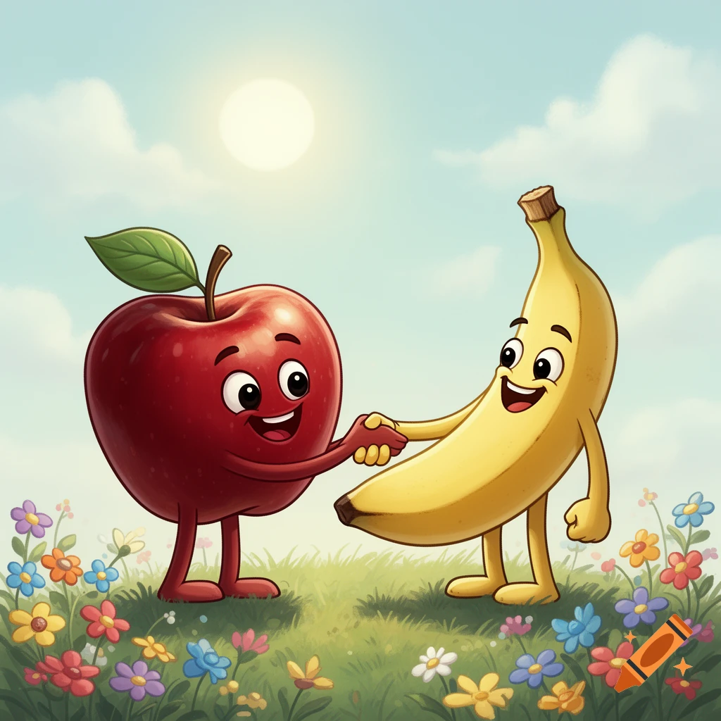A cheerful cartoon apple and banana with arms and legs shake hands in a grassy field with colorful flowers under a sunny sky.