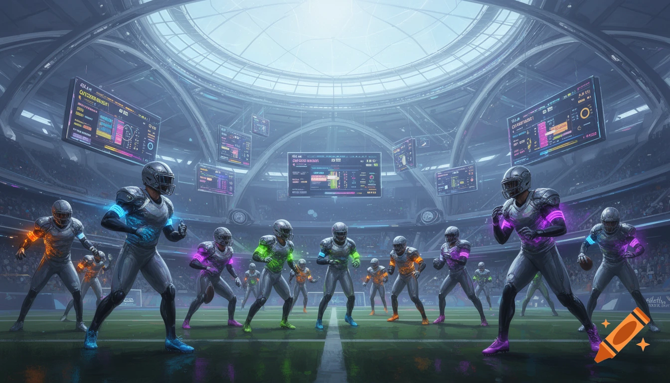 Futuristic American football players with glowing accents stand on a field in a large domed stadium with data screens.