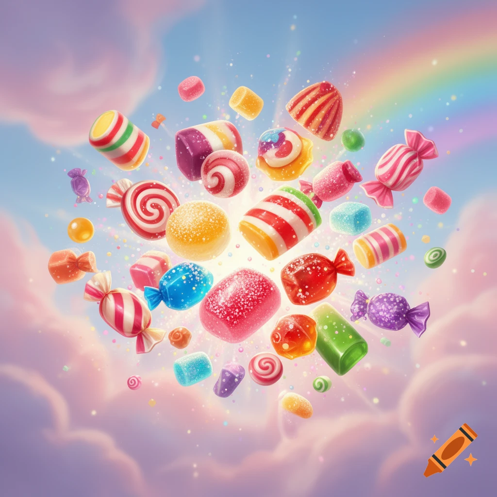 Assortment of vibrant, colorful candies and sweets floating in a soft pastel sky with a rainbow and sparkling lights.