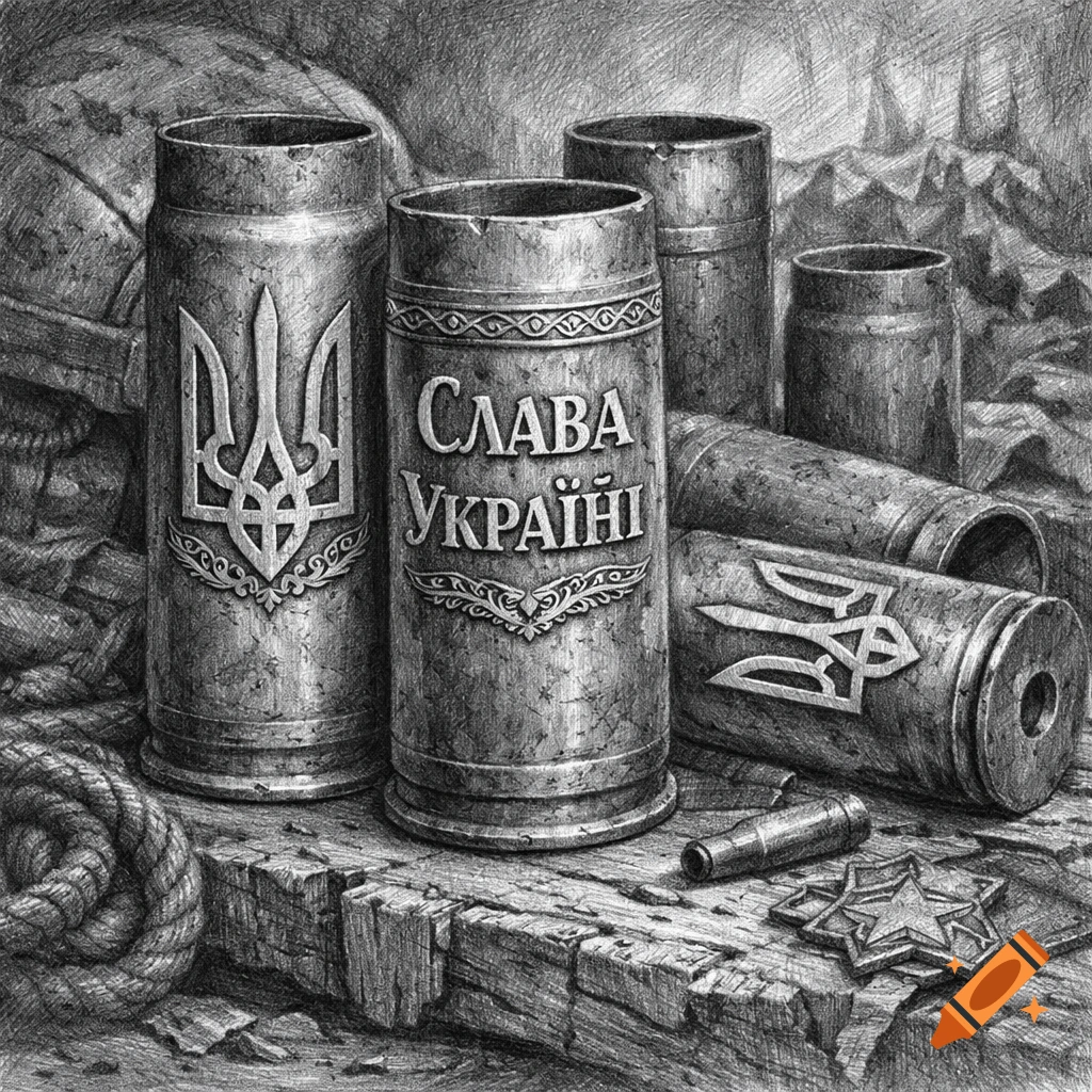 A black and white pencil drawing depicting spent artillery shell casings and a bullet casing, some embossed with the Ukrainian trident and the slogan "Glory to Ukraine," alongside a coil of rope and a star-shaped medal on a wooden surface.