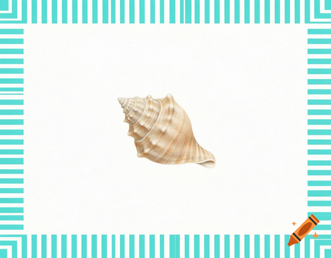 An illustration of a light brown seashell on a white background, framed by a border of turquoise and white stripes.