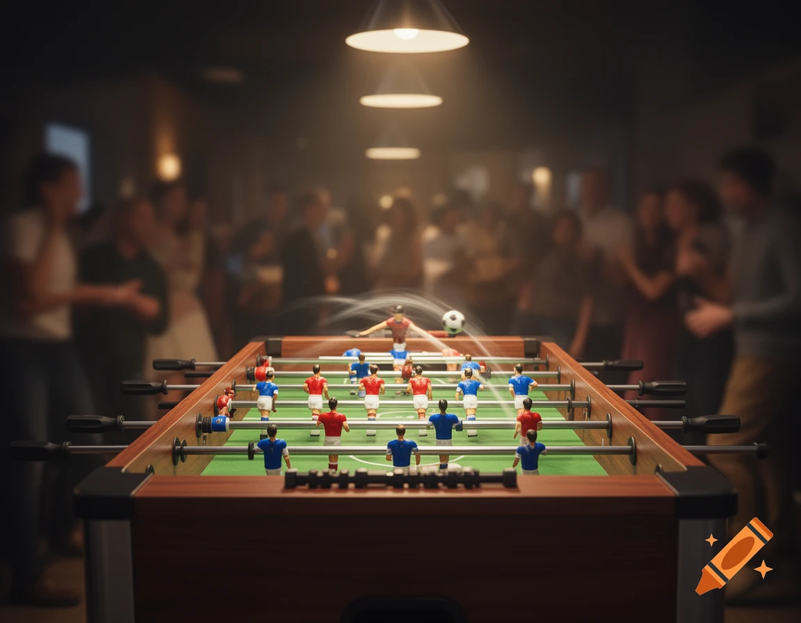 A foosball table with red and blue players and a motion-blurred ball, in a dark room with a blurry crowd.