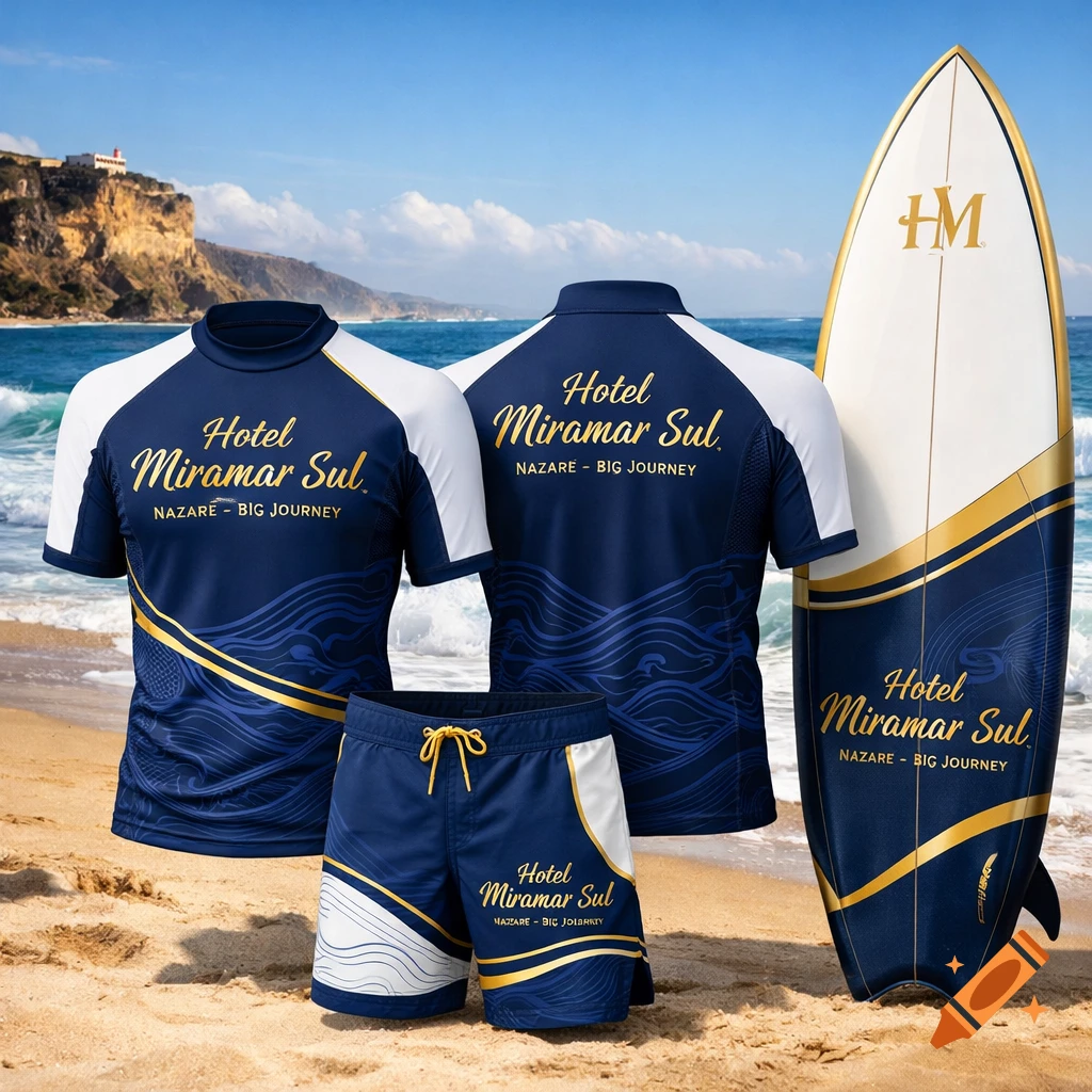 Photorealistic image of navy blue and white surf rash guards, shorts, and a surfboard with 'Hotel Miramar Sul' logo, on Nazaré beach.