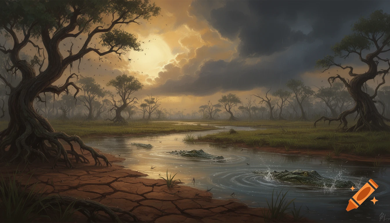 A dramatic painting of a swampy landscape with gnarled trees, cracked earth, and alligators in murky water under a stormy sky.