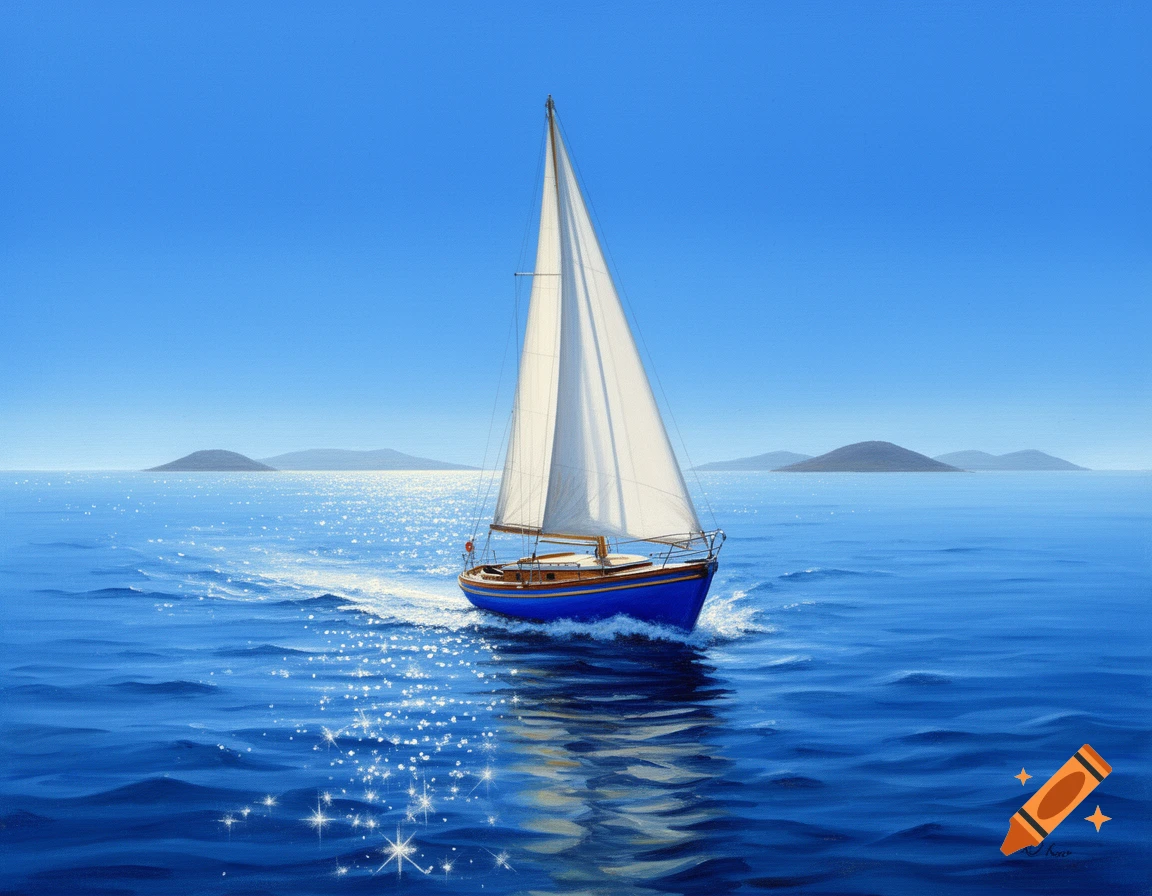 A blue sailboat with white sails glides on a sparkling blue ocean under a clear sky, with distant islands, in a painterly style.