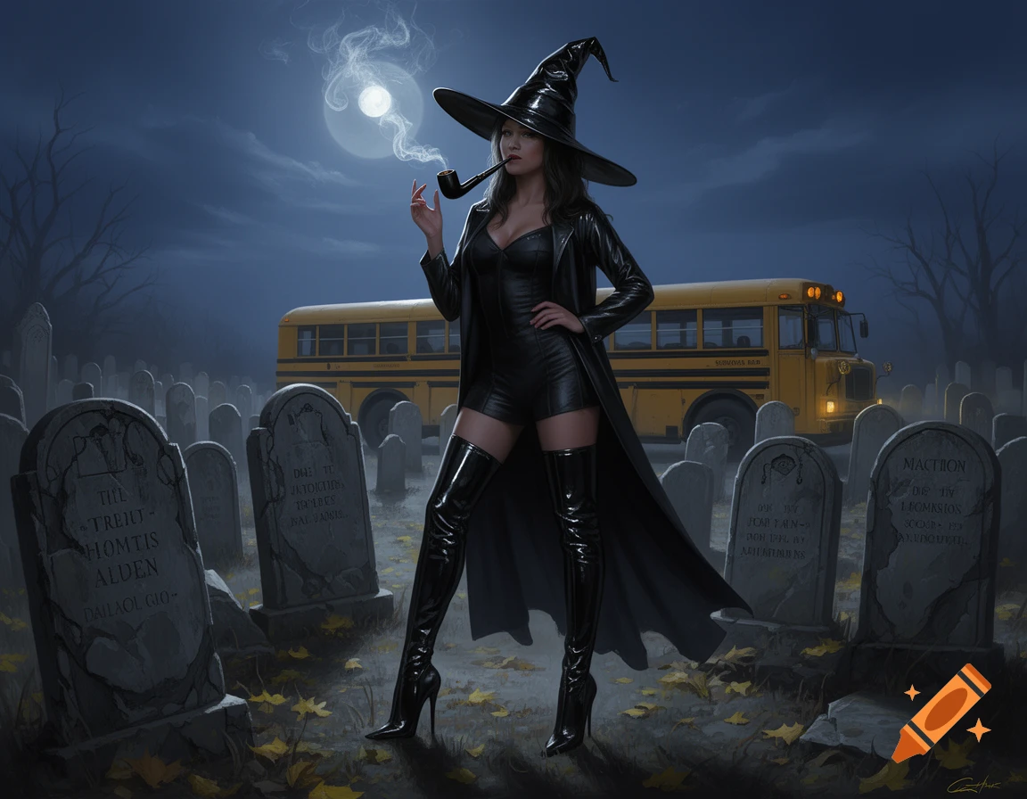 A witch in a black leather outfit and hat smokes a pipe in a moonlit cemetery, a yellow school bus parked behind her.