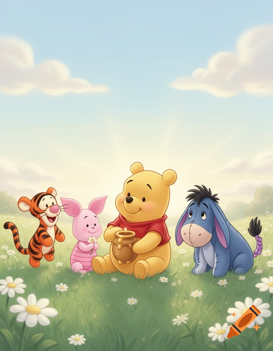 Winnie the Pooh, Piglet, Tigger, and Eeyore as cute babies sitting in a sunny grassy field with daisies, cartoon illustration.