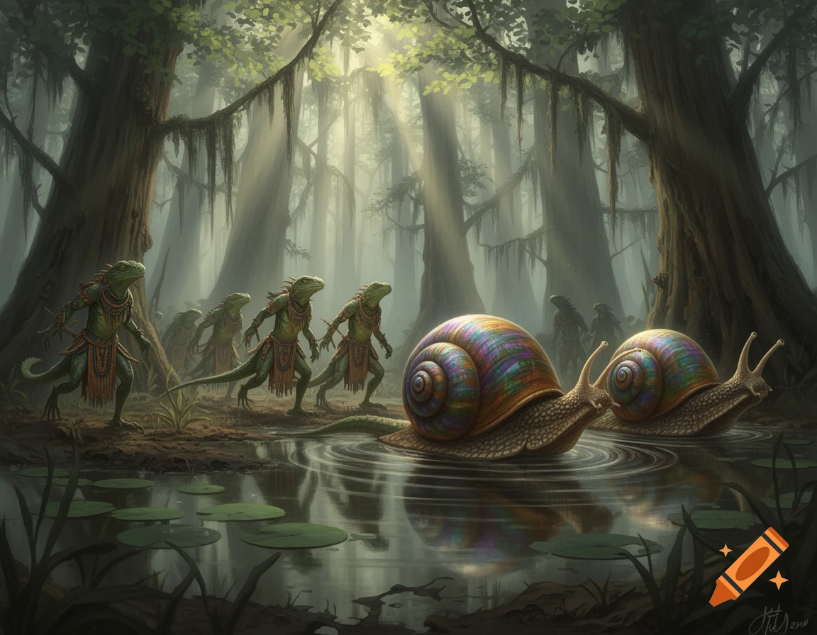 Lizardfolk lead two large, colorful snails through a misty swamp with towering trees and lily pads.