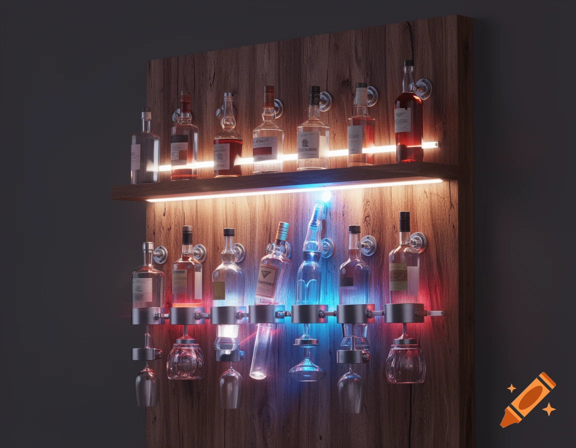 A wooden bar shelf with various liquor bottles, illuminated by white, red, and blue LED lights, in a modern, photorealistic style.