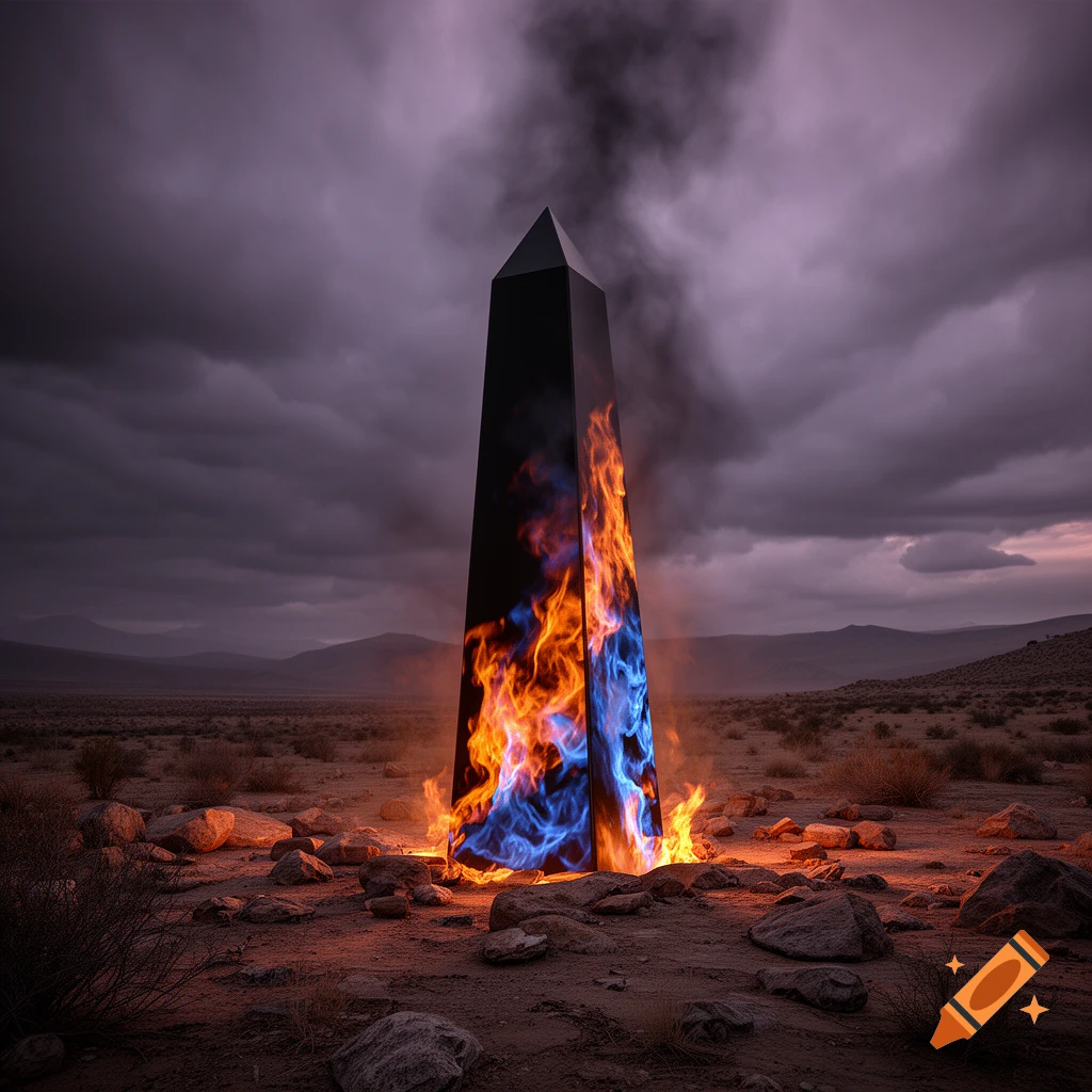 A tall, black obelisk engulfed in orange and blue flames and smoke stands in a desolate desert under a dark, stormy sky.