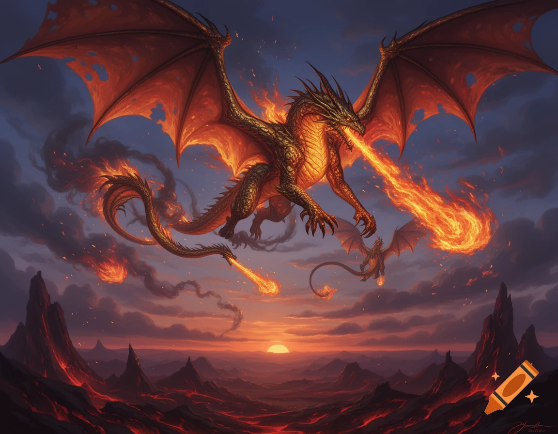A large fire dragon breathes flames over a fiery volcanic landscape at sunset, with a smaller dragon flying below.