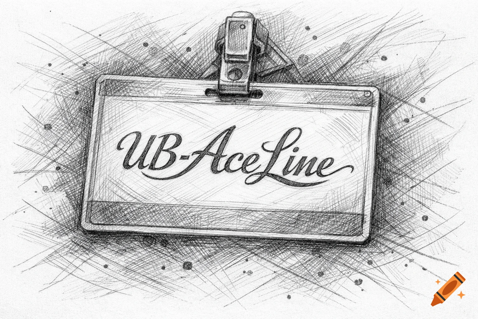Pencil drawing of a name tag with 'UB-AceLine' in flowing script, surrounded by dynamic lines.