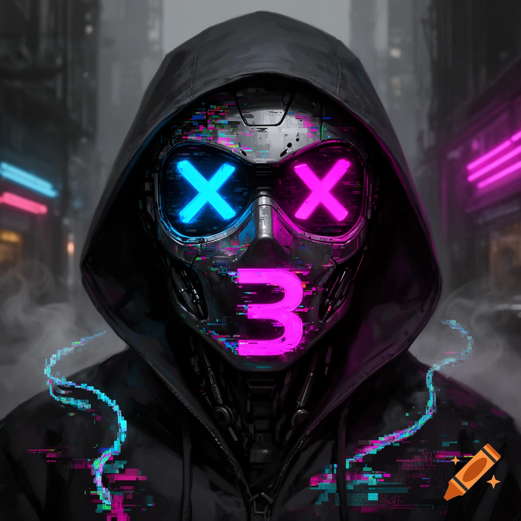 A hooded figure in a dark cyberpunk city wears a metallic, glitchy mask with glowing blue and pink X-eyes and a pink number 3 mouth.
