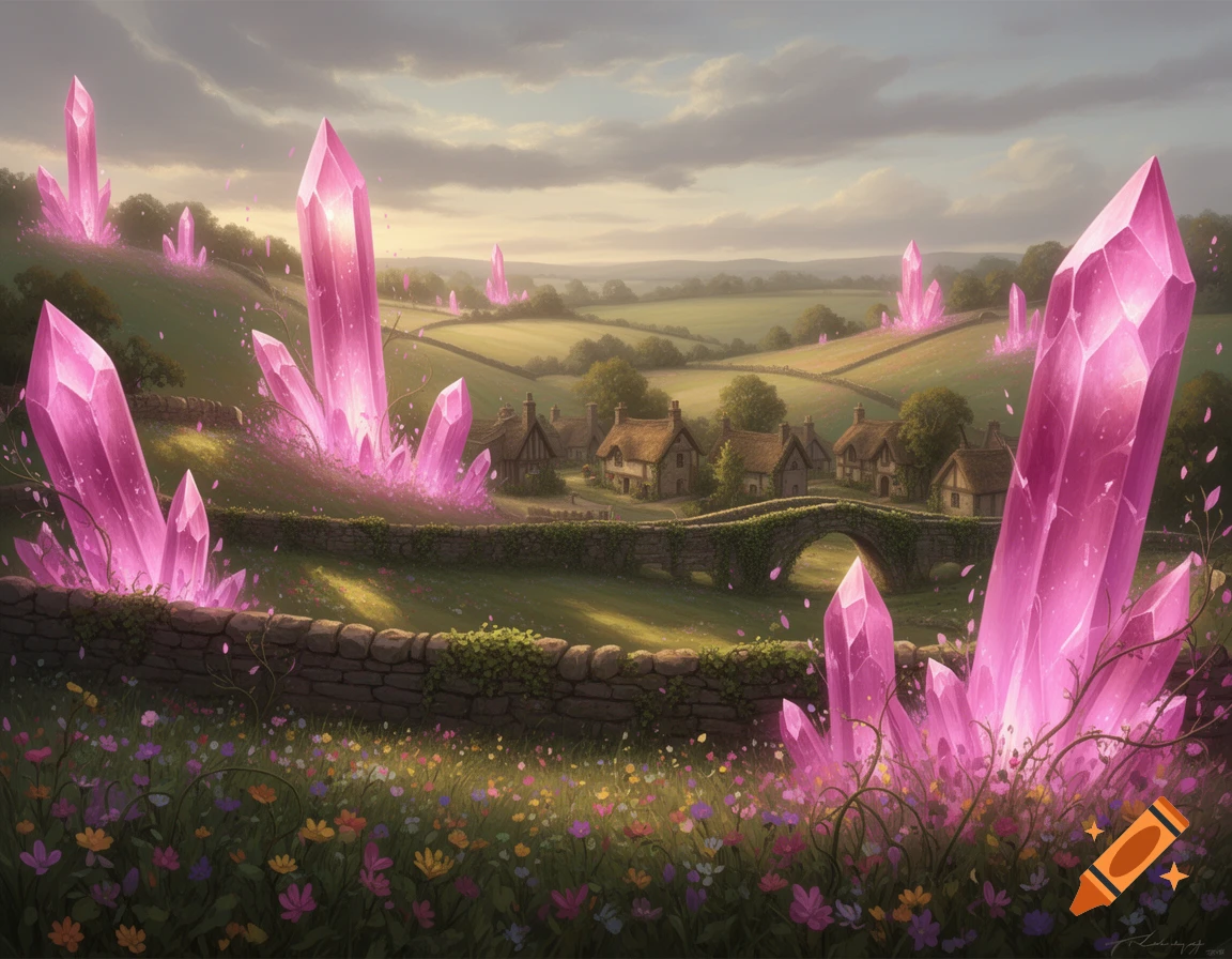 Painterly fantasy landscape with rolling green hills, a quaint village, and numerous giant, glowing pink crystals.