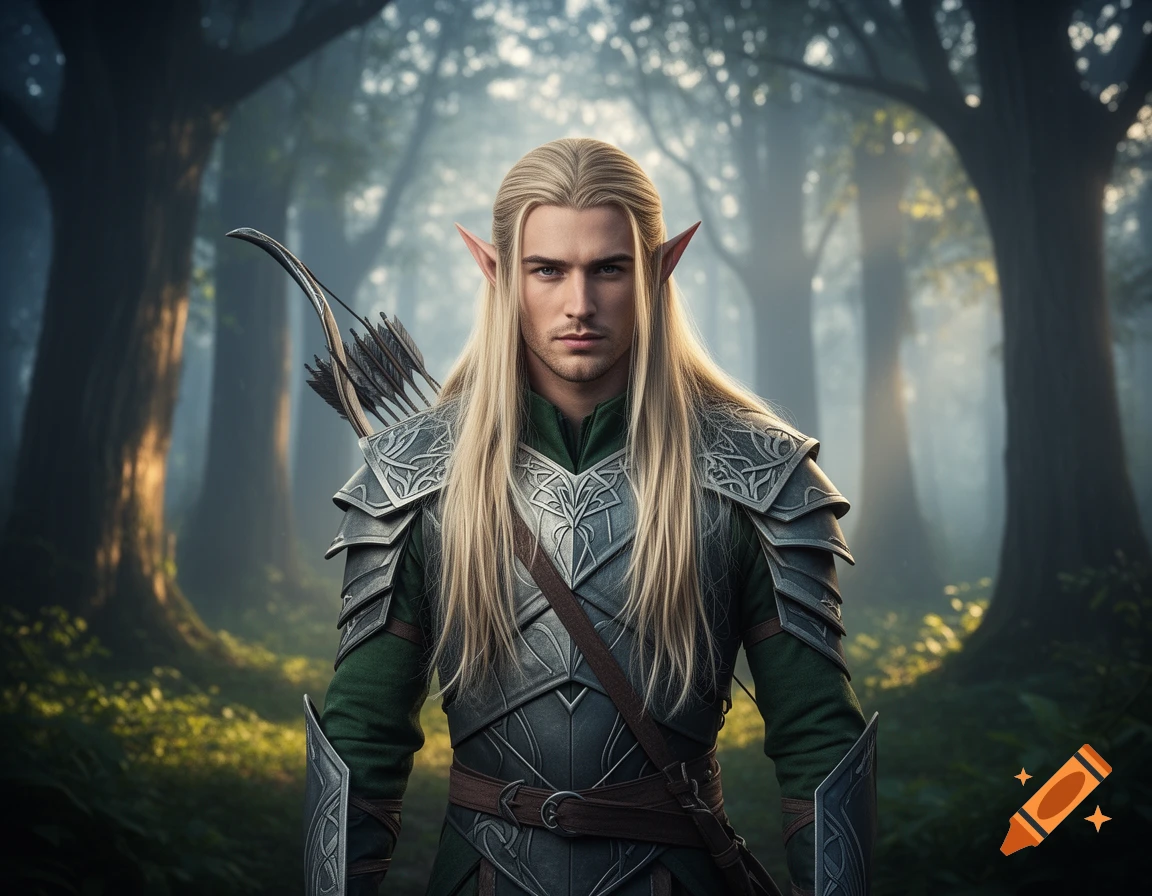 A photorealistic depiction of a male elf with long blonde hair, pointed ears, and silver armor, holding a bow and quiver in a mystical forest.