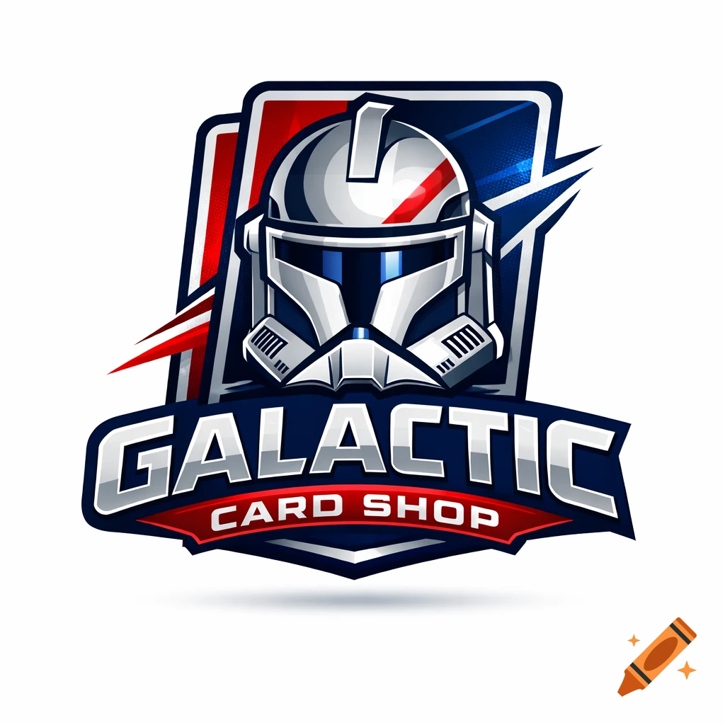 A stylized logo featuring a white and blue Star Wars Clone Trooper helmet, with red accents, above the words "GALACTIC CARD SHOP" in a bold, metallic font.