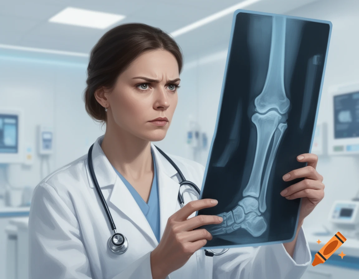 A photorealistic image of a female doctor with a critical expression examining a leg X-ray in a medical room.