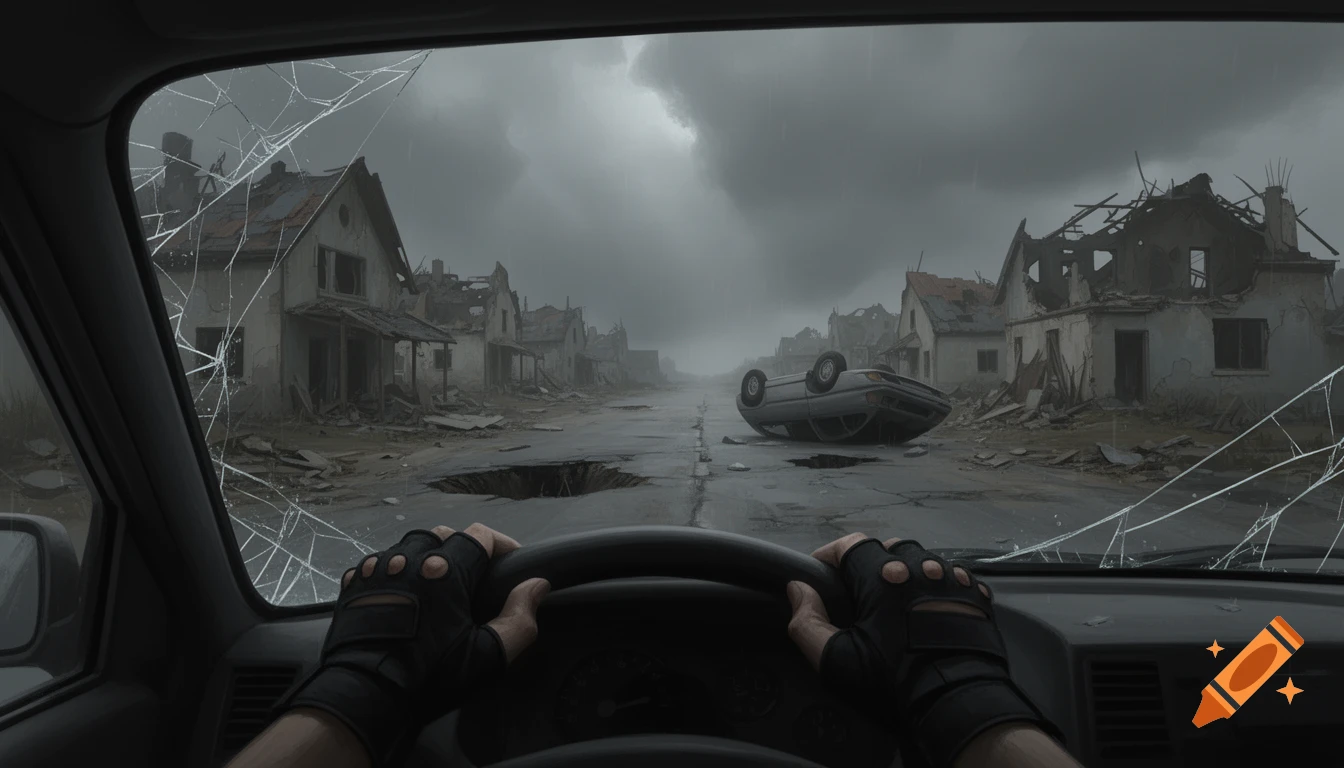 First-person view from a car with a cracked windshield, showing a destroyed village street, rubble, potholes, and a flipped car under a stormy sky. Hands in black gloves hold the steering wheel.