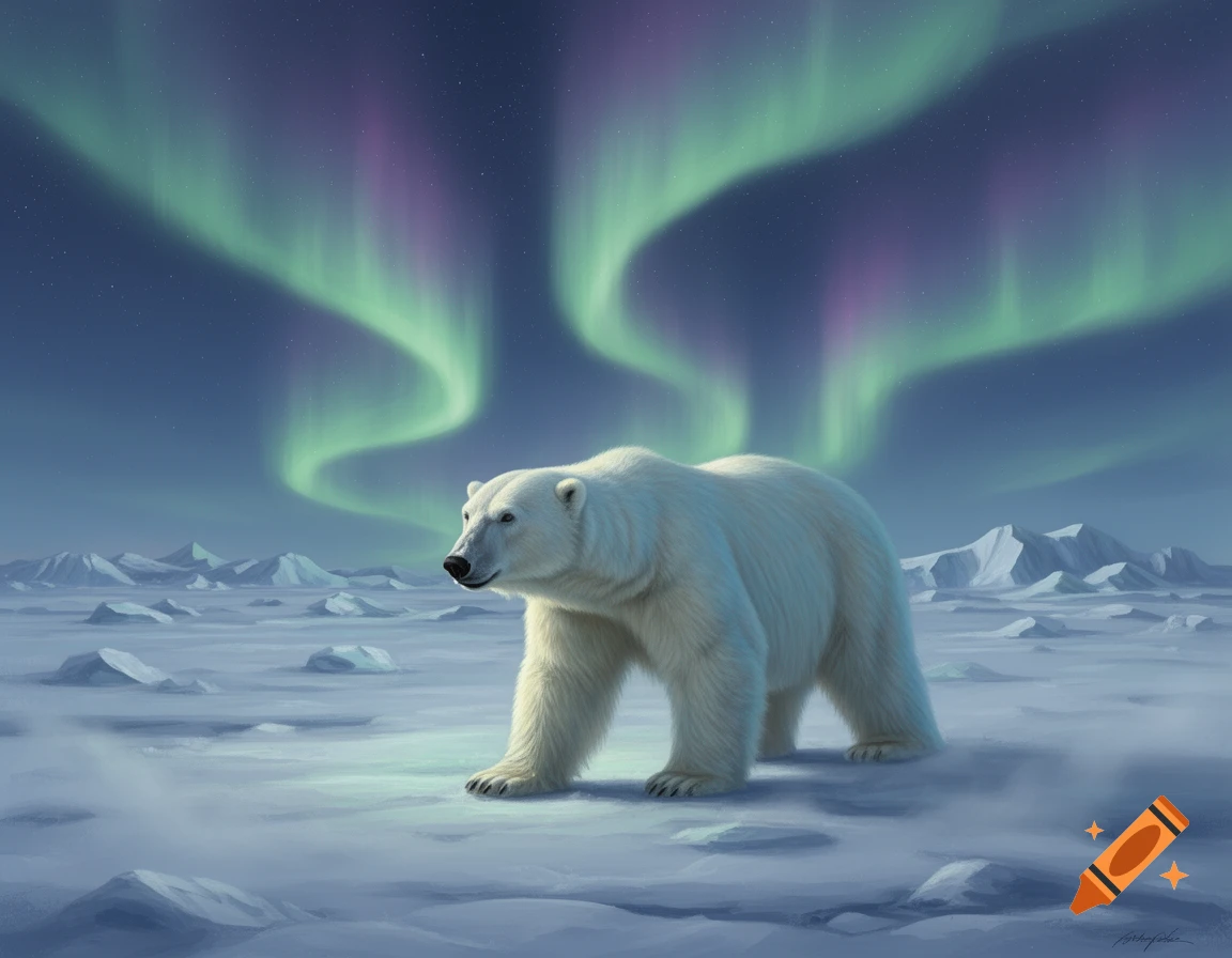 A polar bear stands on an icy plain under a dark night sky with vibrant green and purple aurora borealis.
