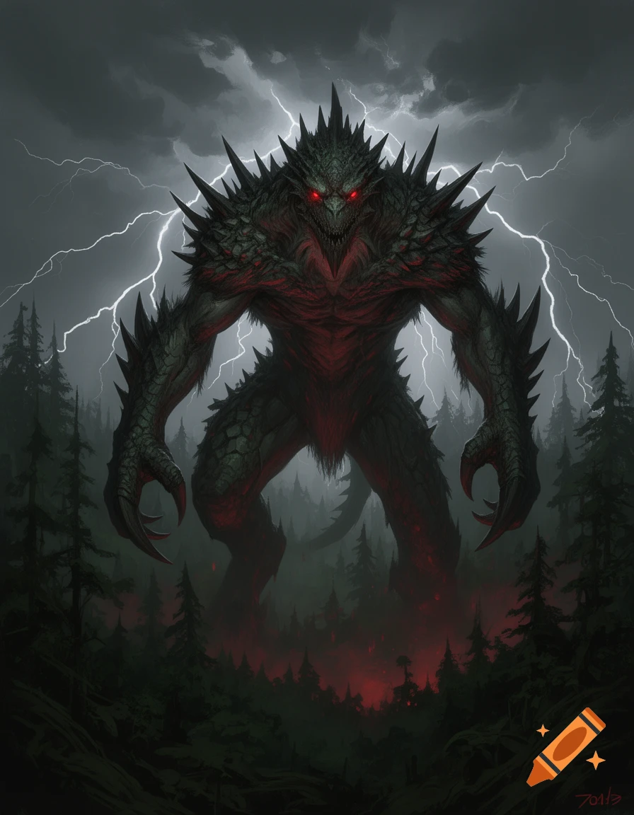 Specticle Monster A giant, spiky monster with glowing red eyes stands in a dark, stormy ...
