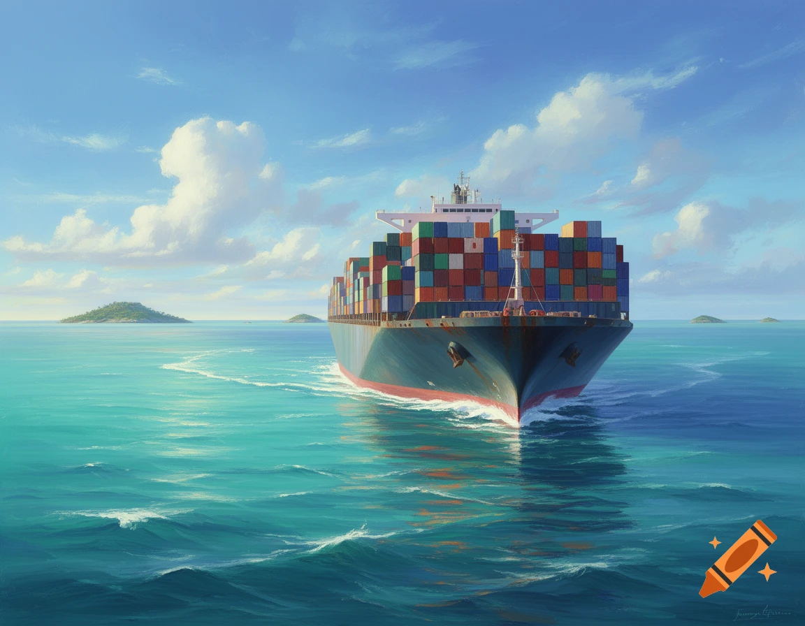 A large containership sails across a bright blue-green ocean, leaving a wake, with small islands and white clouds under a clear sky. Painting.