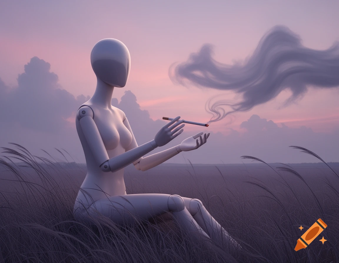 A faceless mannequin sits in a grassy field at sunset, holding a lit cigarette with stylized smoke against a pink and purple sky.
