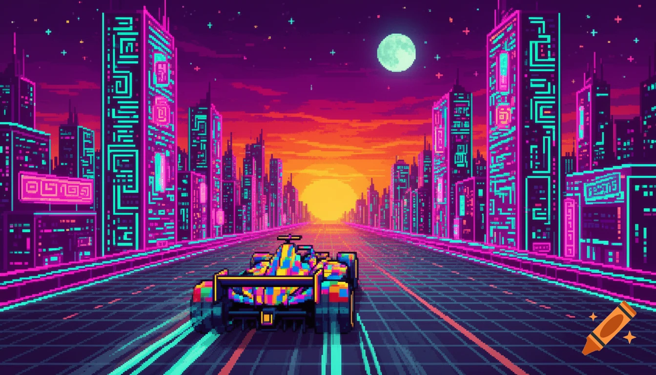 8-bit pixel art of a colorful race car driving on a grid road towards a neon city at sunset with a moon.