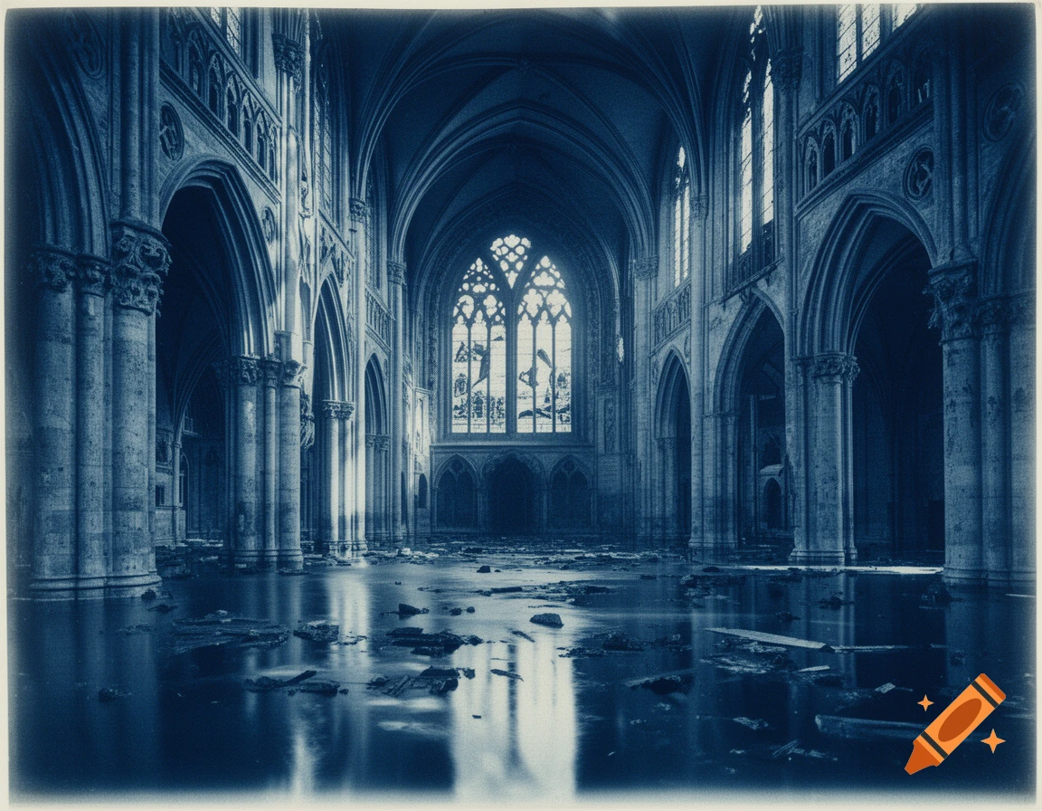 A dark cyanotype photograph showing the flooded interior of a gothic cathedral, with water reflecting the tall arches and ornate stained glass window.