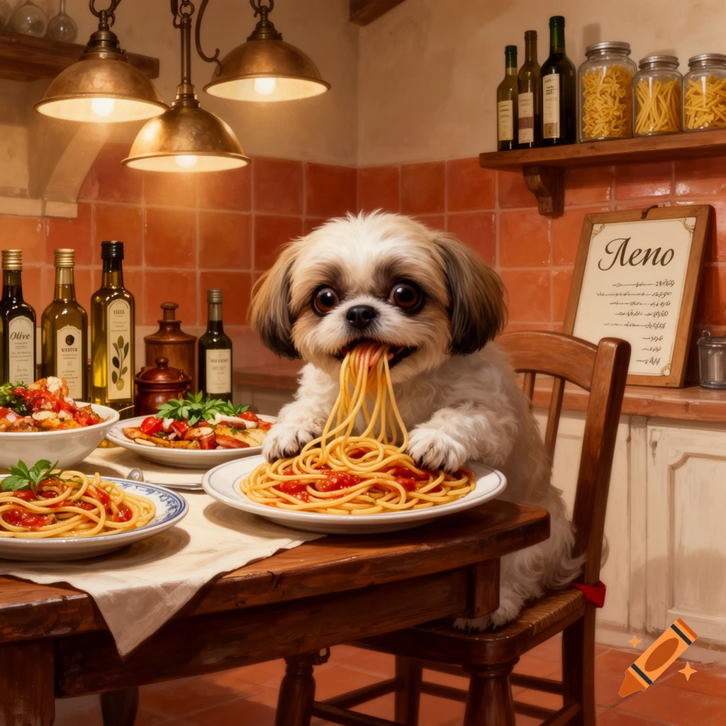 A cute shih tzu dog sits at a kitchen table, enthusiastically eating a plate of spaghetti with red sauce.