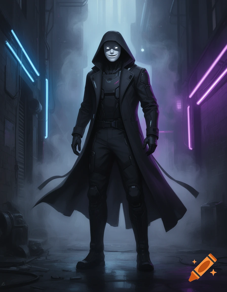 A mysterious hooded figure in a long dark coat and white mask with ...