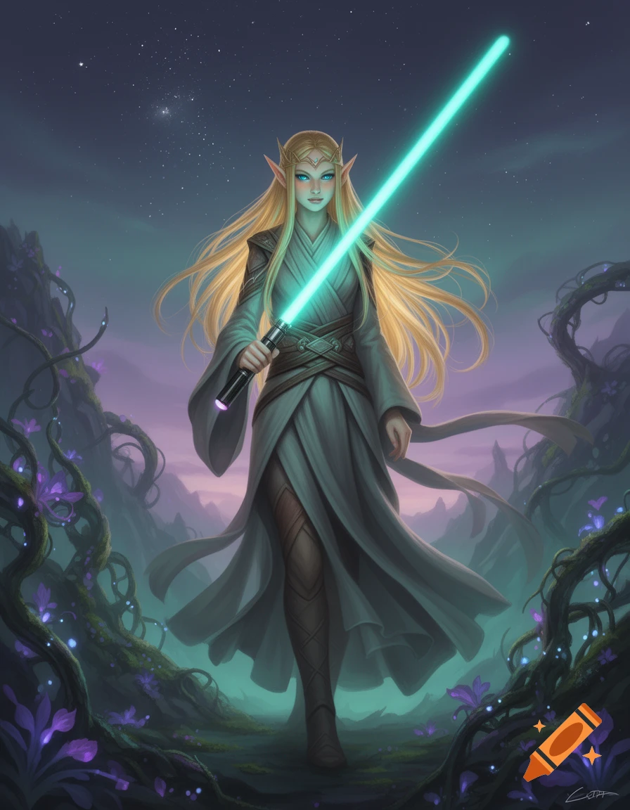 An elven-like girl with blonde hair and blue eyes stands in a magical ...