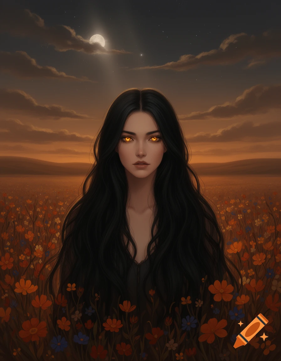 A fantasy portrait of a woman with long black hair and glowing amber ...