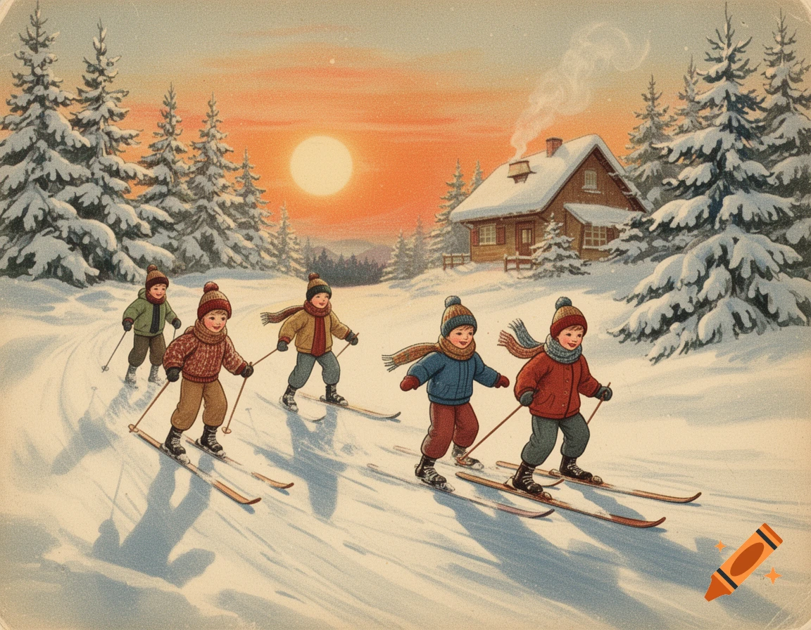 Vintage illustration of five children happily skiing in a snowy winter landscape with a cozy cabin and evergreen trees under an orange sunset.