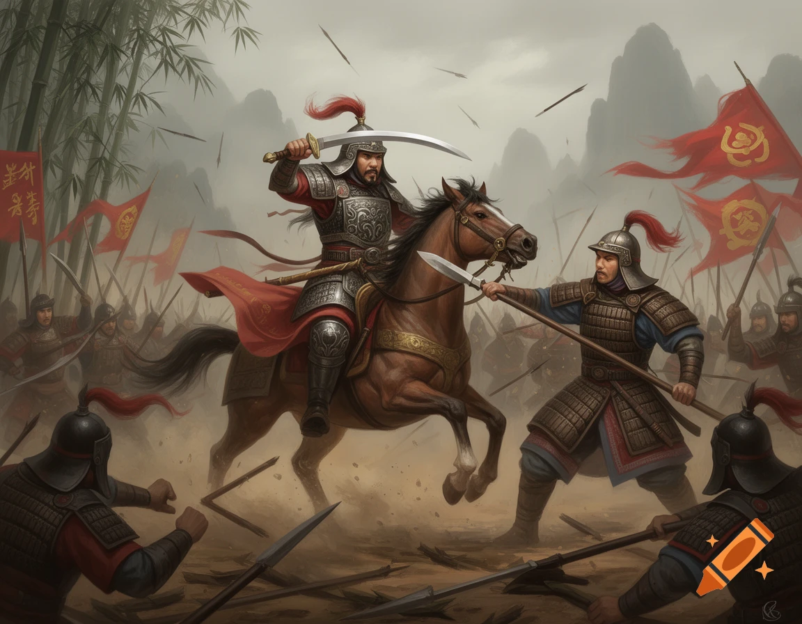Dynamic digital painting of an ancient Asian battle, with a warrior on horseback raising a sword amidst charging soldiers and flying arrows.