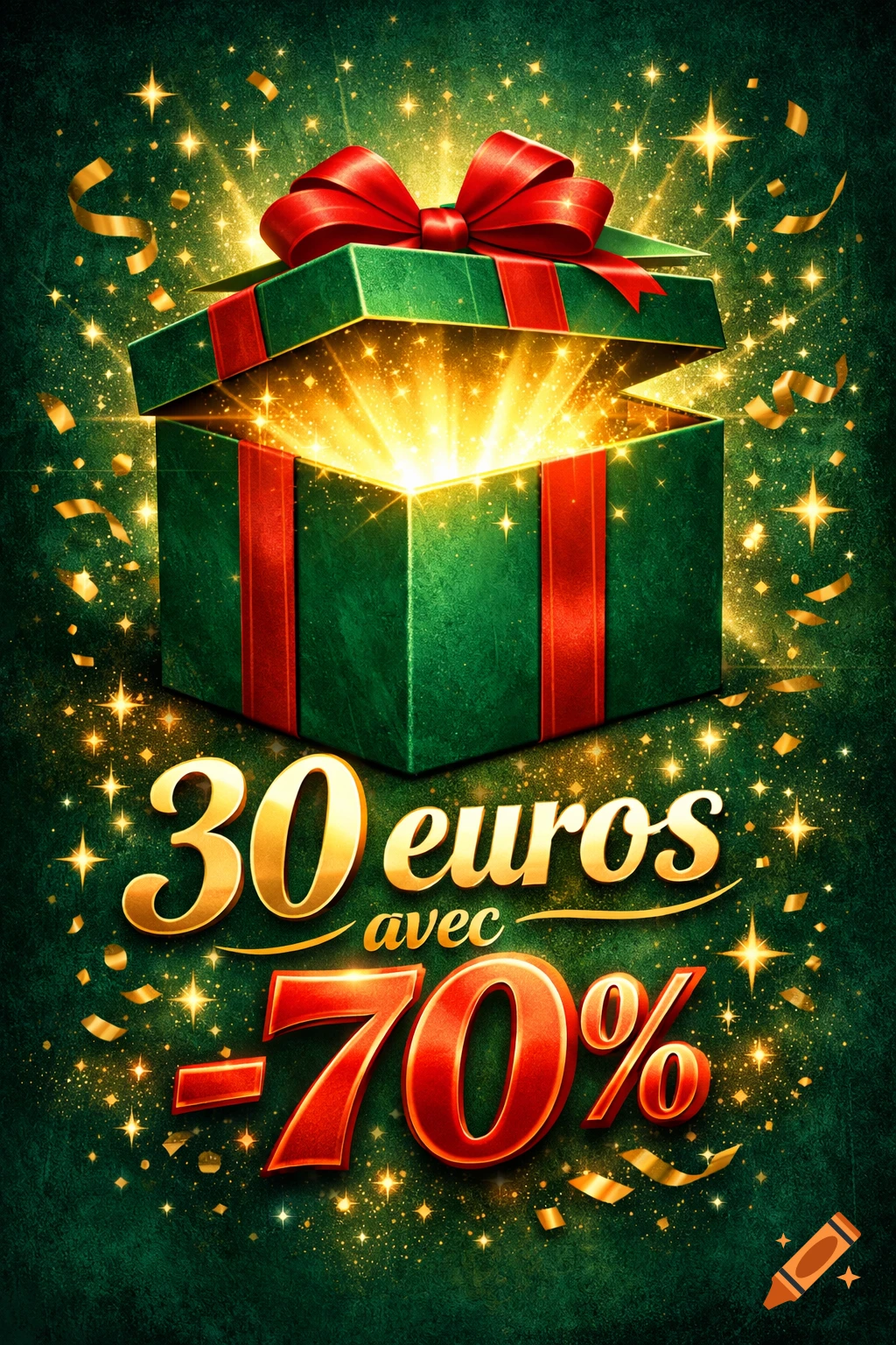 A vibrant green gift box with a red bow glows brightly, surrounded by golden glitter and confetti, with text "30 euros avec -70%".